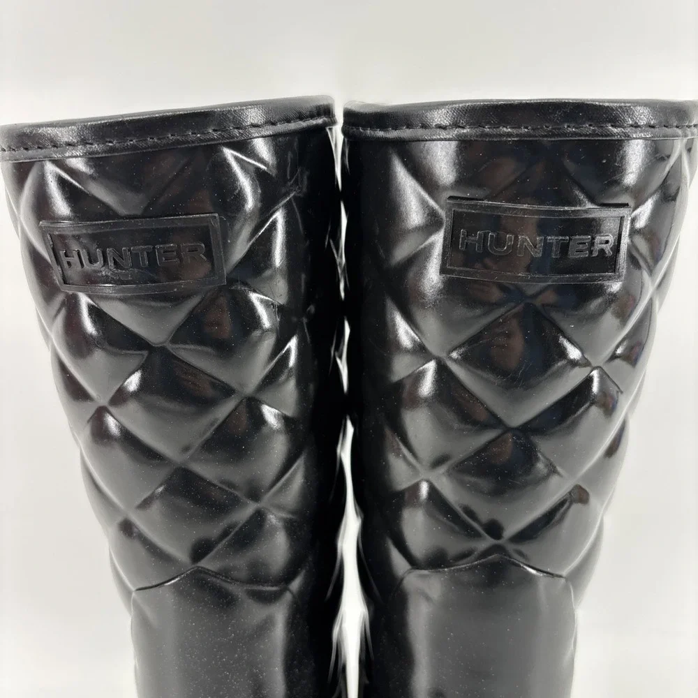 Hunter Refined Black Gloss Quilted Short Rain Boots Women's US 5 EU 36‎ Pull On